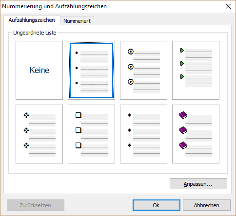 Aufzählungszeichen und Nummerierungs-Dialog