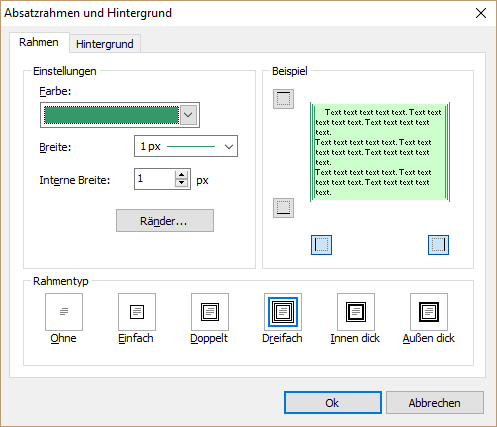 Paragraph-Umrandung and Hintergrund-Dialog